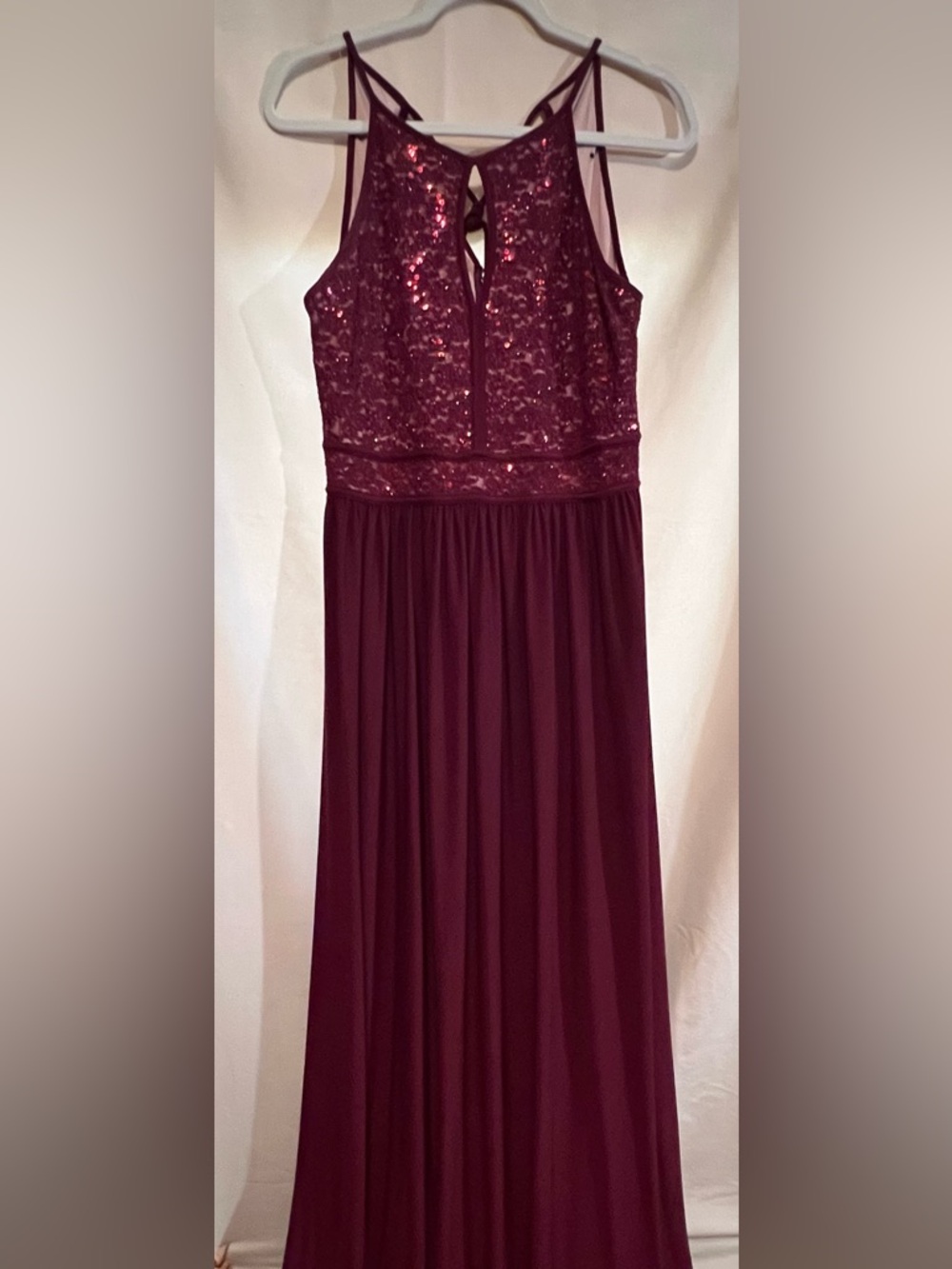 Morgan & Co. Elegant Burgundy Maxi Dress with Sequined Lace Bodice